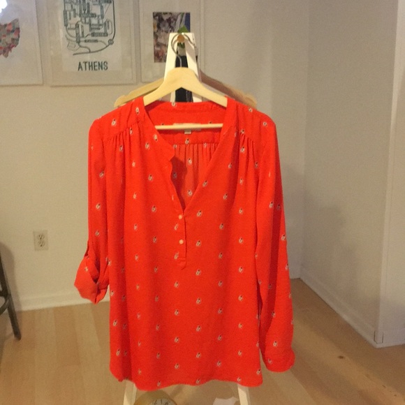 Barely worn, bright orange print popover blouse. - Picture 2 of 6